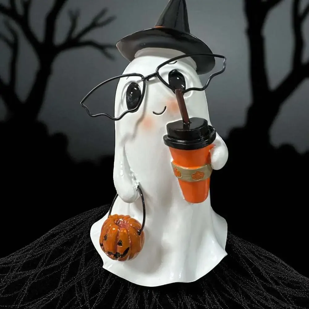 Cute Nerdy Ghost in Witch Hat with Glasses, Pumpkin Latte, and Pumpkin Pale